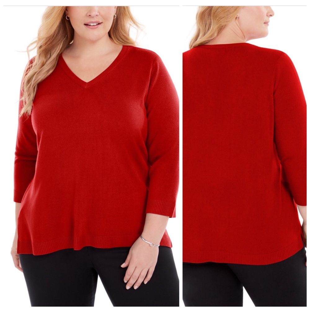 Soft Red V Neck 3/4 Sleeve Sweater Plus Size 1X - Picture 1 of 4